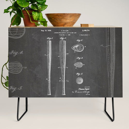 Baseball Bat Patent - Baseball Art - Black Chalkboard Credenza Gallery Image 2