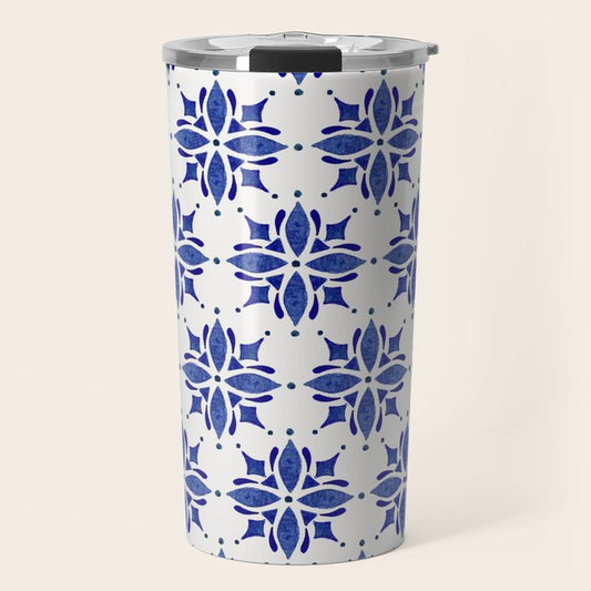 Dark Blue Watercolor Tile Pattern Travel Mug Gallery Image 1