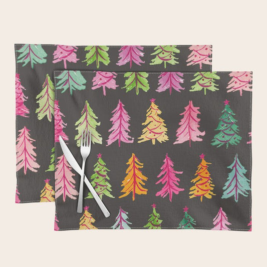 Colorful Vintage Bottlebrush Christmas Trees on Black Placemat Gallery Image 2