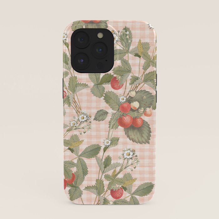 Vintage wild strawberries on cottage pink gingham pattern iPhone Case Gallery Image 39