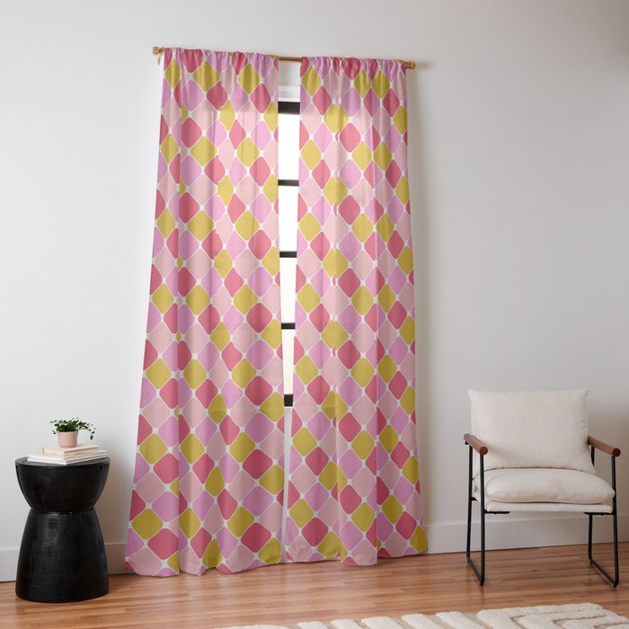 Checkered Geometric Shapes - Pink, Red, Yellow Window Curtain Gallery Image 14