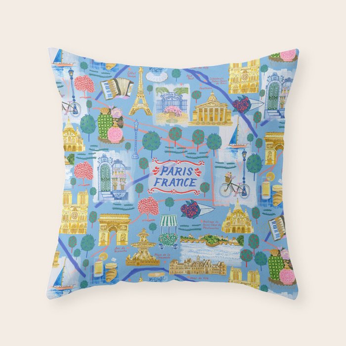 Paris France Map Illustration & Pattern in Blue Throw Pillow Gallery Image 2