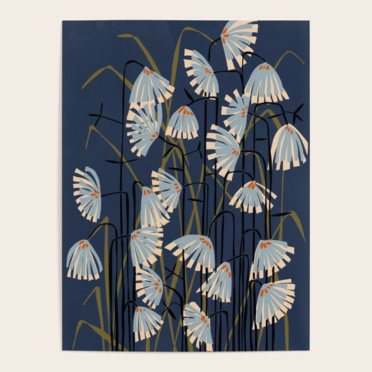 Linocut flower meadow blue Poster Gallery Image 1
