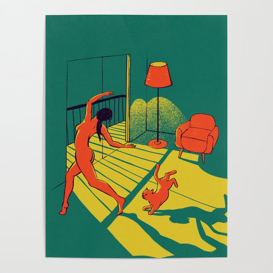 Dancing with the cat | Moody sunset light and shadows Aesthetic Green room Naked dance Femme Fatale Poster Gallery Image 1