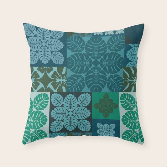 Hawaiian Monstera Quilt pattern Blues Throw Pillow Gallery Image 1