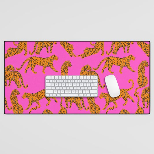 Abstract leopard with red lips illustration in fuchsia background Desk Mat Gallery Image 1