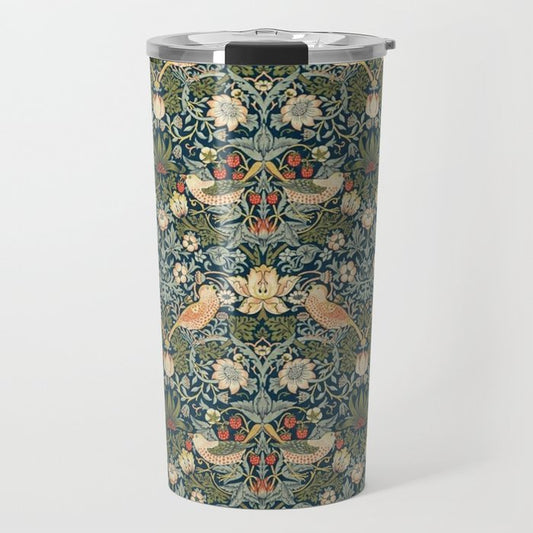 William Morris Vintage Strawberry Thief Green Indigo Thyme Travel Mug Gallery Image 1