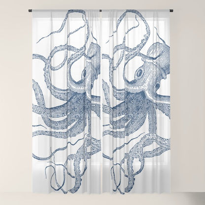 Blue nautical vintage octopus illustration Window Curtain Gallery Image 18
