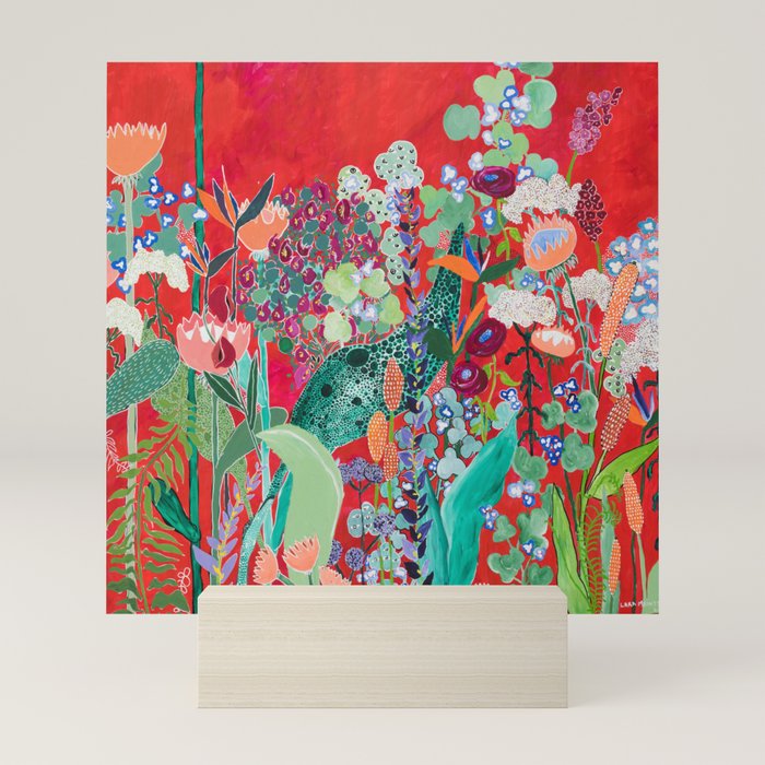 Red floral Jungle Garden Botanical featuring Proteas, Reeds, Eucalyptus, Ferns and Birds of Paradise Mini Art Print Gallery Image 5