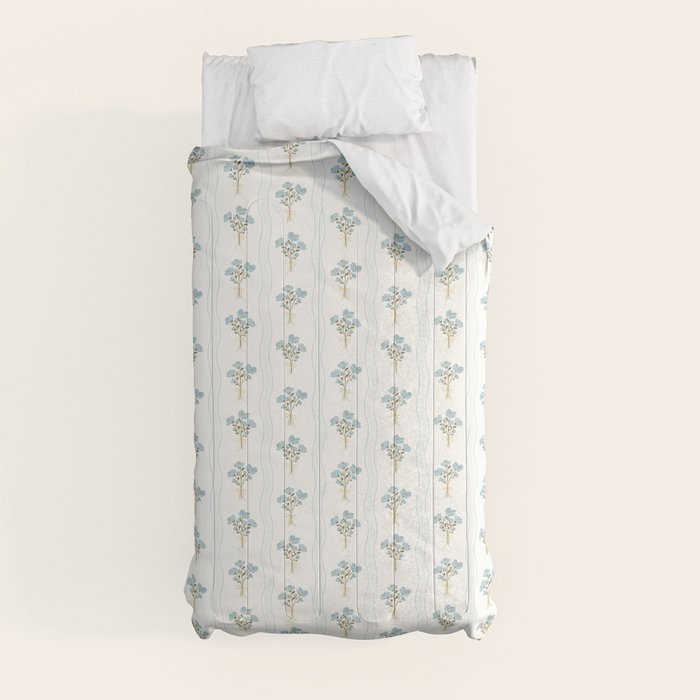 Delicate floral bouquets with vertical stripes - light blue peacock and moss green flowers pattern Comforter Gallery Image 4