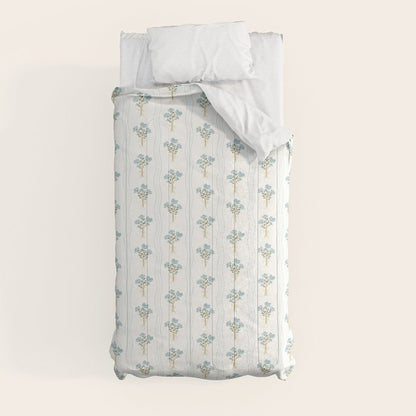 Delicate floral bouquets with vertical stripes - light blue peacock and moss green flowers pattern Comforter Gallery Image 4