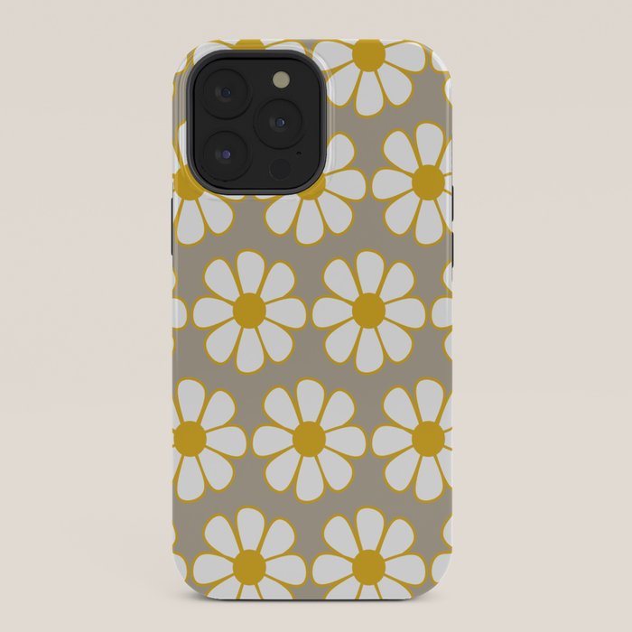Cheerful Retro Daisy Floral Pattern in Mustard Gold and Gray iPhone Case Gallery Image 36