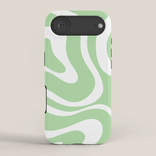 Modern Retro Liquid Swirl Abstract Pattern in Light Matcha Tea Green and White iPhone Case Gallery Image 2
