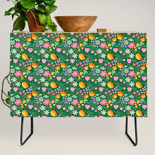Colorful vintage flower garden art pattern Credenza Gallery Image 2