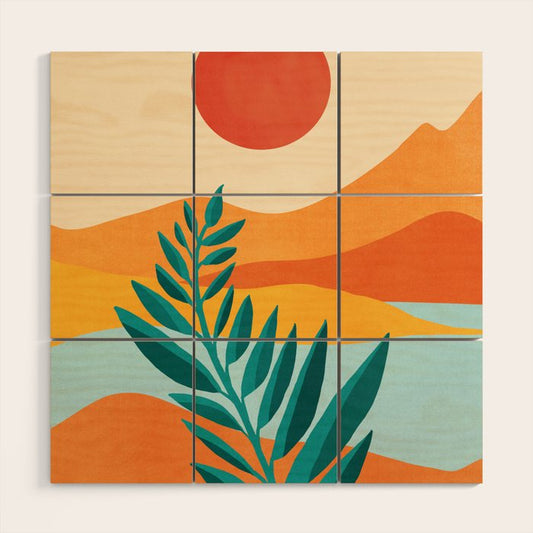 Mountain Sunset Colorful Landscape Illustration Wood Wall Art Gallery Image 1