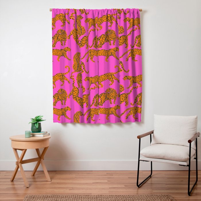 Abstract leopard with red lips illustration in fuchsia background Window Curtain Gallery Image 3
