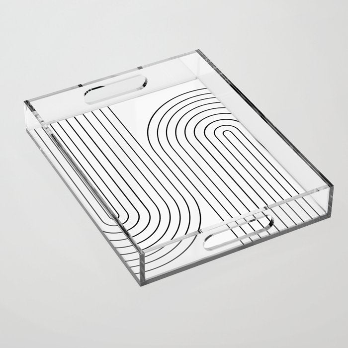 Minimal Line Curvature I Black and White Mid Century Modern Arch Abstract Acrylic Tray Gallery Image 1