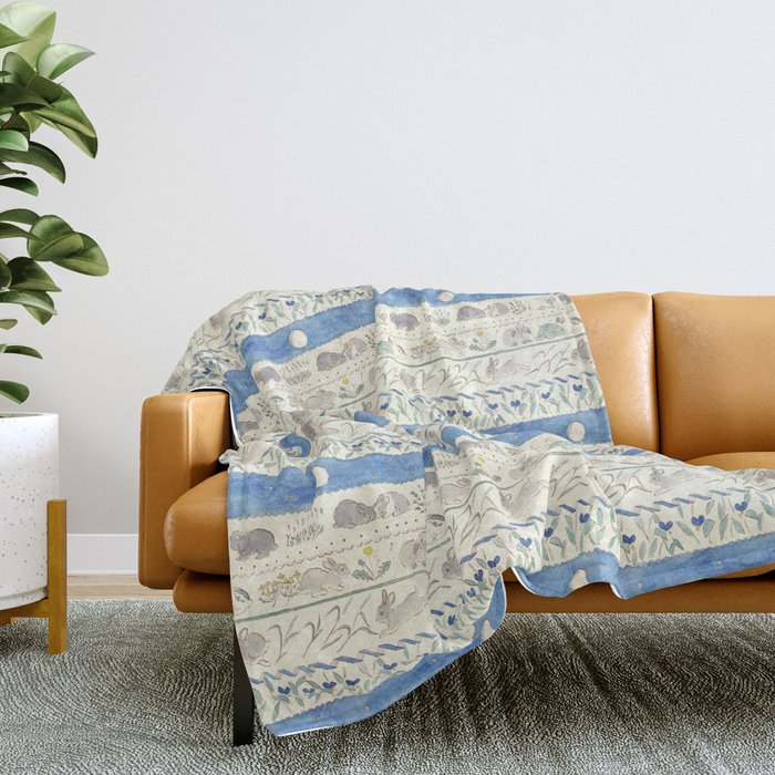 Asiatic dayflowers and rabbits Throw Blanket Gallery Image 2