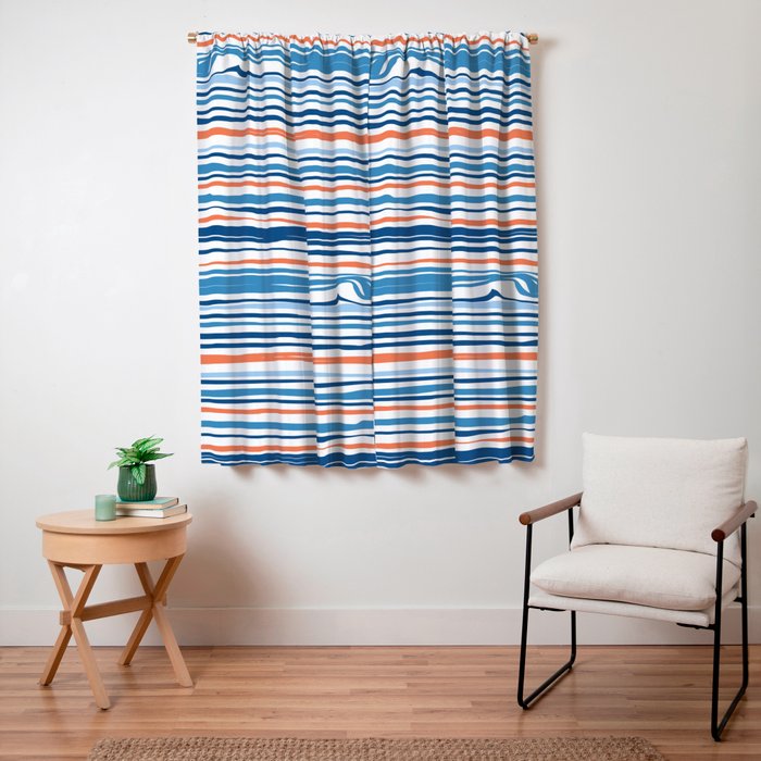 Modern Abstract Ocean Wave Stripes in Classic Blues and Orange Window Curtain Gallery Image 3