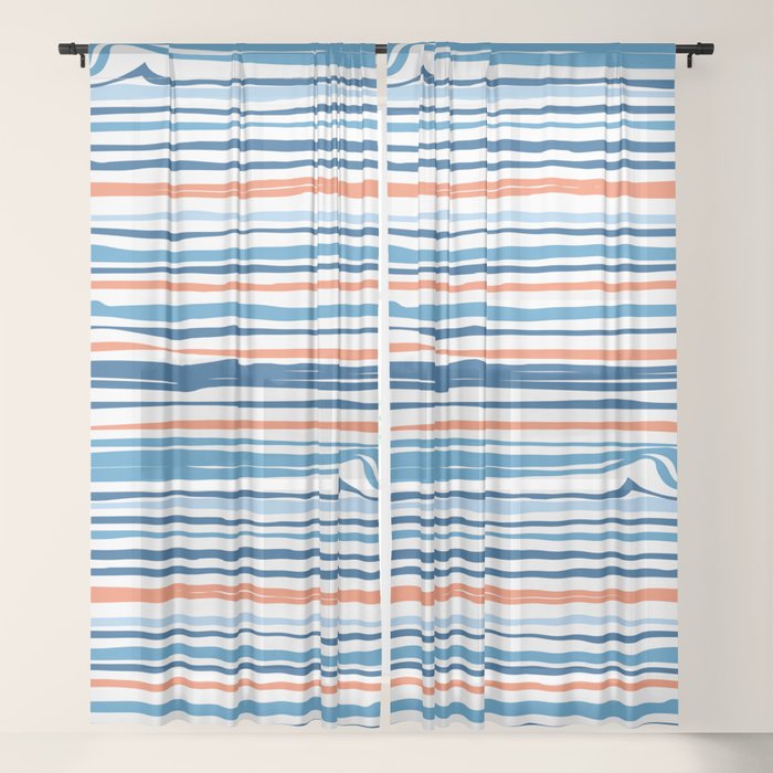 Modern Abstract Ocean Wave Stripes in Classic Blues and Orange Window Curtain Gallery Image 21