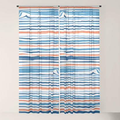 Modern Abstract Ocean Wave Stripes in Classic Blues and Orange Window Curtain Gallery Image 22