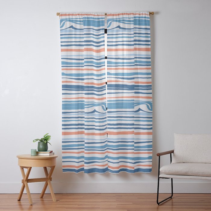 Modern Abstract Ocean Wave Stripes in Classic Blues and Orange Window Curtain Gallery Image 13