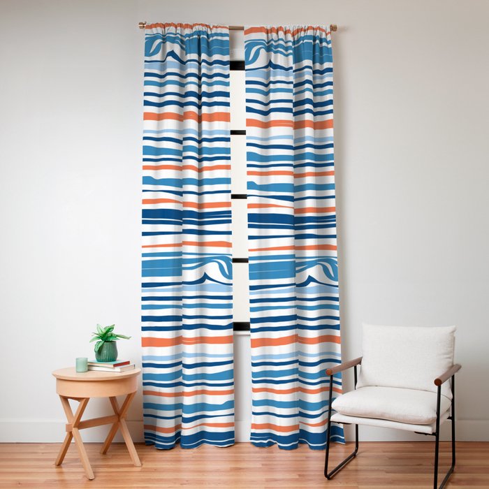 Modern Abstract Ocean Wave Stripes in Classic Blues and Orange Window Curtain Gallery Image 8