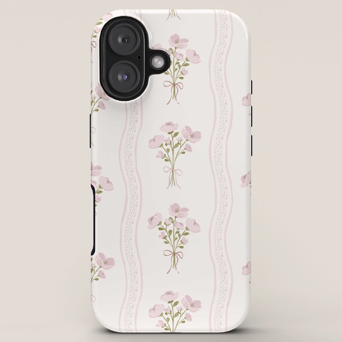 Delicate floral bouquets with vertical stripes - Pink and moss green pattern iPhone Case Gallery Image 5