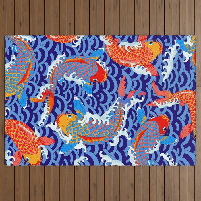 Koi fish / japanese tattoo style pattern Outdoor Rug Gallery Image 3