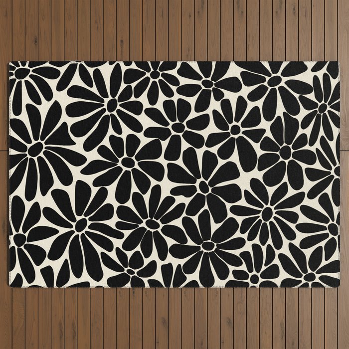 Black and White Retro Floral Art Print Outdoor Rug Gallery Image 3