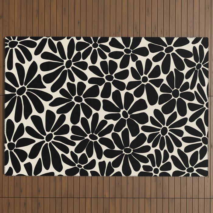 Black and White Retro Floral Art Print Outdoor Rug Gallery Image 4