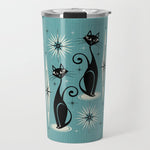 Mid Century Meow Retro Atomic Cats on Blue Travel Mug Gallery Image 1