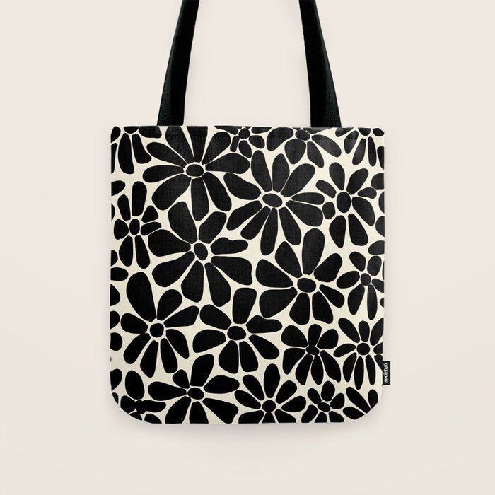 Black and White Retro Floral Art Print Tote Bag Gallery Image 1
