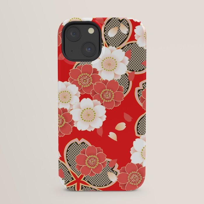 Japanese Vintage Red Black White Floral Kimono Pattern iPhone Case Gallery Image 29