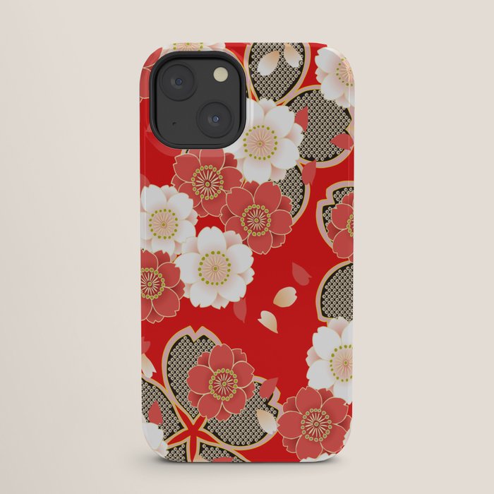 Japanese Vintage Red Black White Floral Kimono Pattern iPhone Case Gallery Image 25