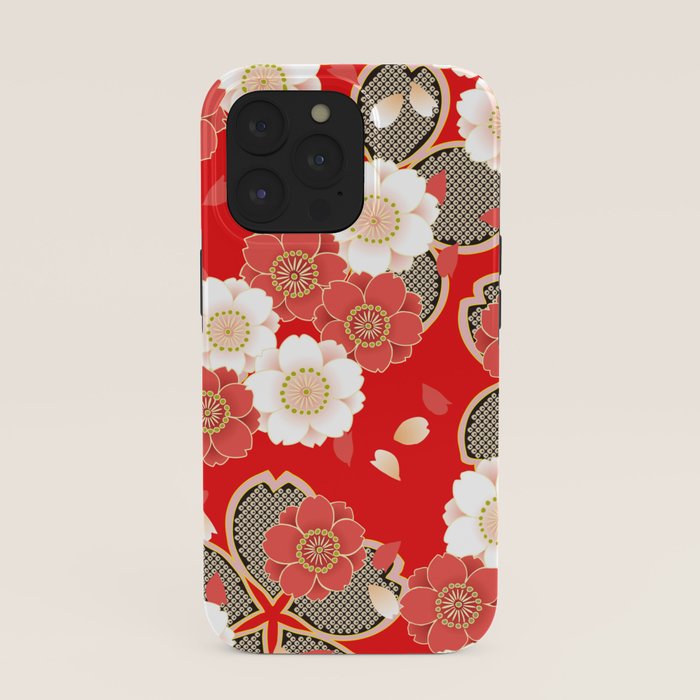 Japanese Vintage Red Black White Floral Kimono Pattern iPhone Case Gallery Image 39