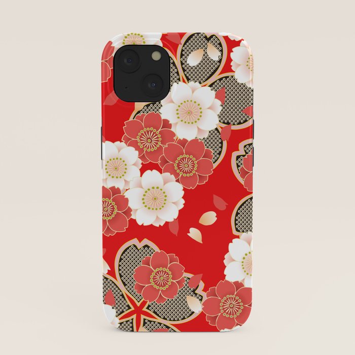 Japanese Vintage Red Black White Floral Kimono Pattern iPhone Case Gallery Image 37