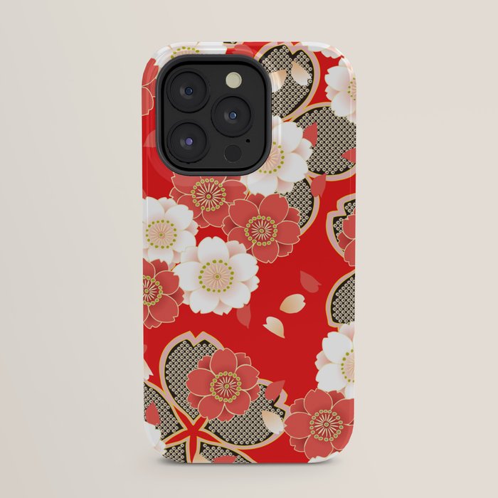 Japanese Vintage Red Black White Floral Kimono Pattern iPhone Case Gallery Image 23