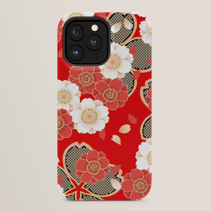 Japanese Vintage Red Black White Floral Kimono Pattern iPhone Case Gallery Image 32