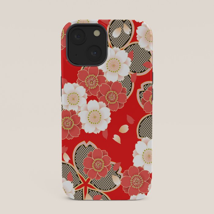 Japanese Vintage Red Black White Floral Kimono Pattern iPhone Case Gallery Image 33