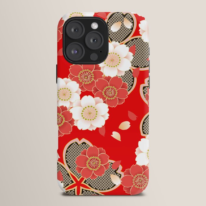 Japanese Vintage Red Black White Floral Kimono Pattern iPhone Case Gallery Image 16
