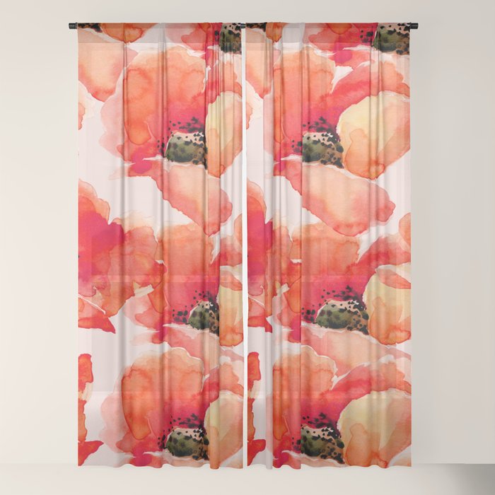 Abstract watercolor red orange pink poppies flowers Window Curtain Gallery Image 22