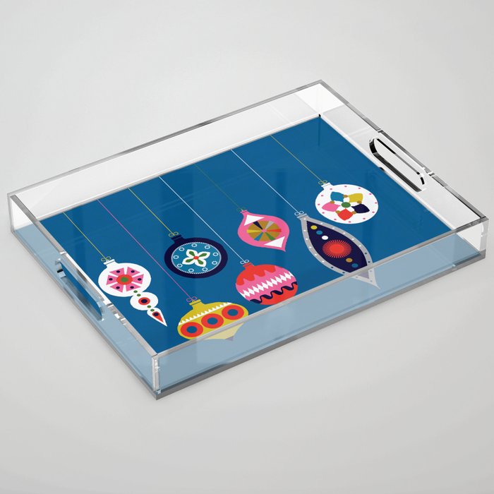 Retro Christmas Baubles on a dark background Acrylic Tray Gallery Image 1