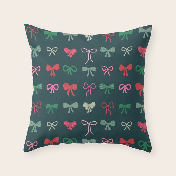 Christmas bows pattern green pink red Throw Pillow Gallery Image 2