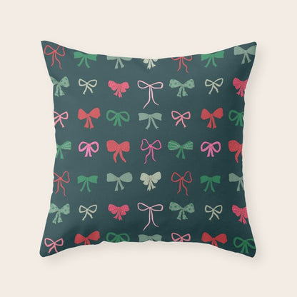 Christmas bows pattern green pink red Throw Pillow Gallery Image 2