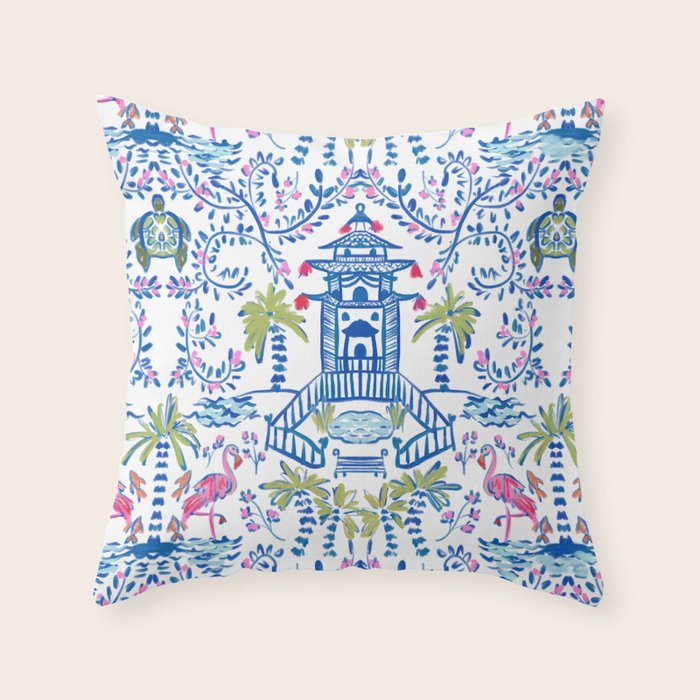 Colorful Coastal Chinoiserie Throw Pillow Gallery Image 1