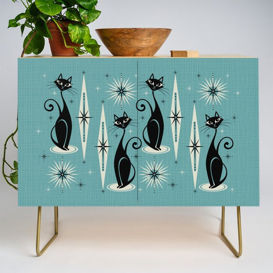 Mid Century Meow Retro Atomic Cats on Blue Credenza Gallery Image 1