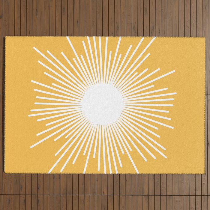 Mid Century Modern Sunburst - Minimalist Sun in Mustard Marigold Yellow and White Outdoor Rug Gallery Image 4