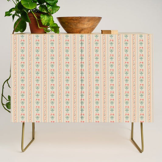 Vintage rose flower bouquet stripe art pattern Credenza Gallery Image 1