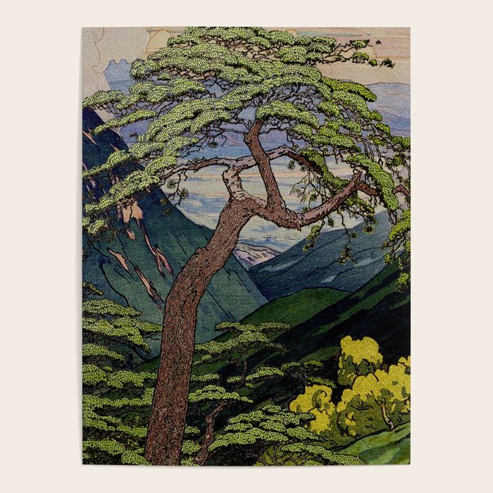 The Downwards Climbing - Summer Tree & Mountain Ukiyoe Nature Landscape in Green Poster Gallery Image 1